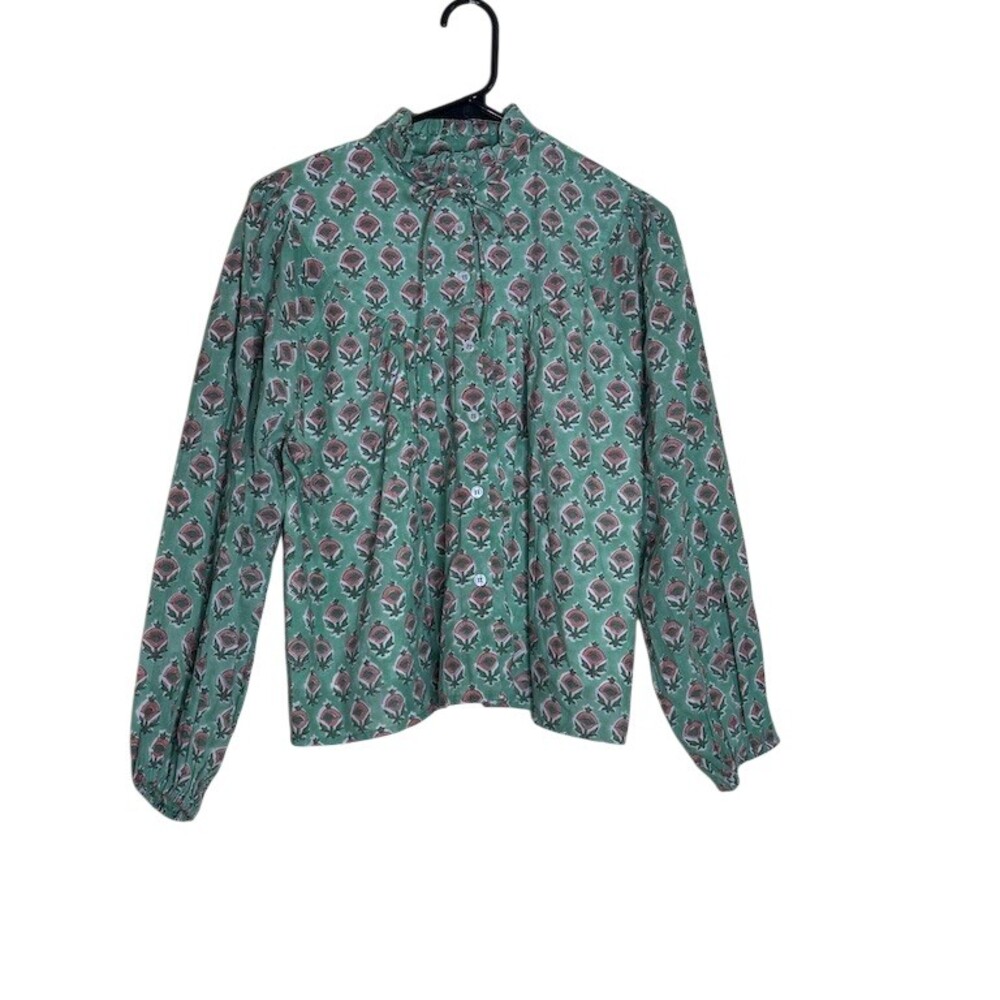Marea Blouse Womens XS Green Floral High Neck Tie Long Sleeve Button Front